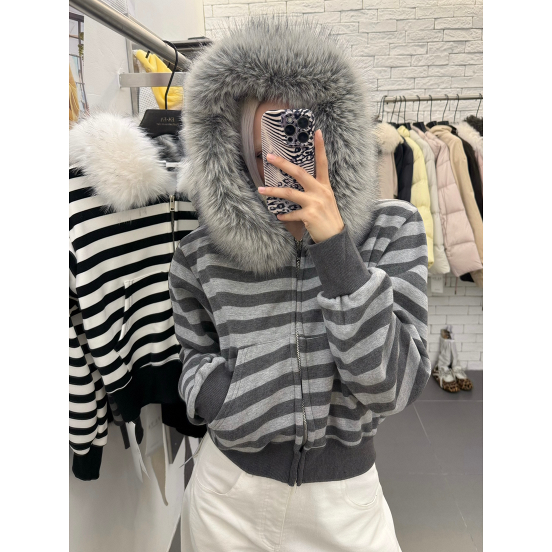 拼接毛领连帽条纹长袖拉链外套