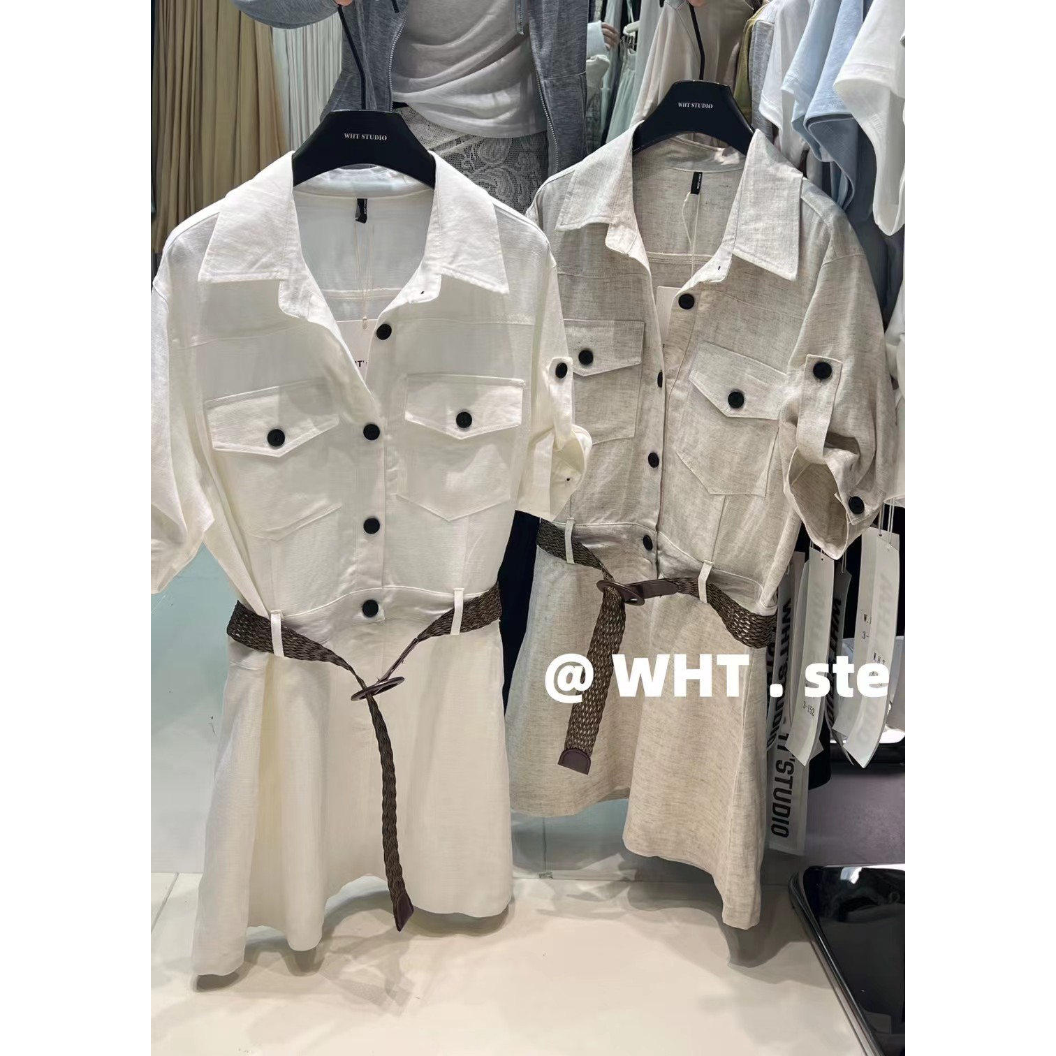 WH JIA夏季美式时髦纽扣翻领亚麻衬衫连衣裙女百搭收腰显瘦短裙子
