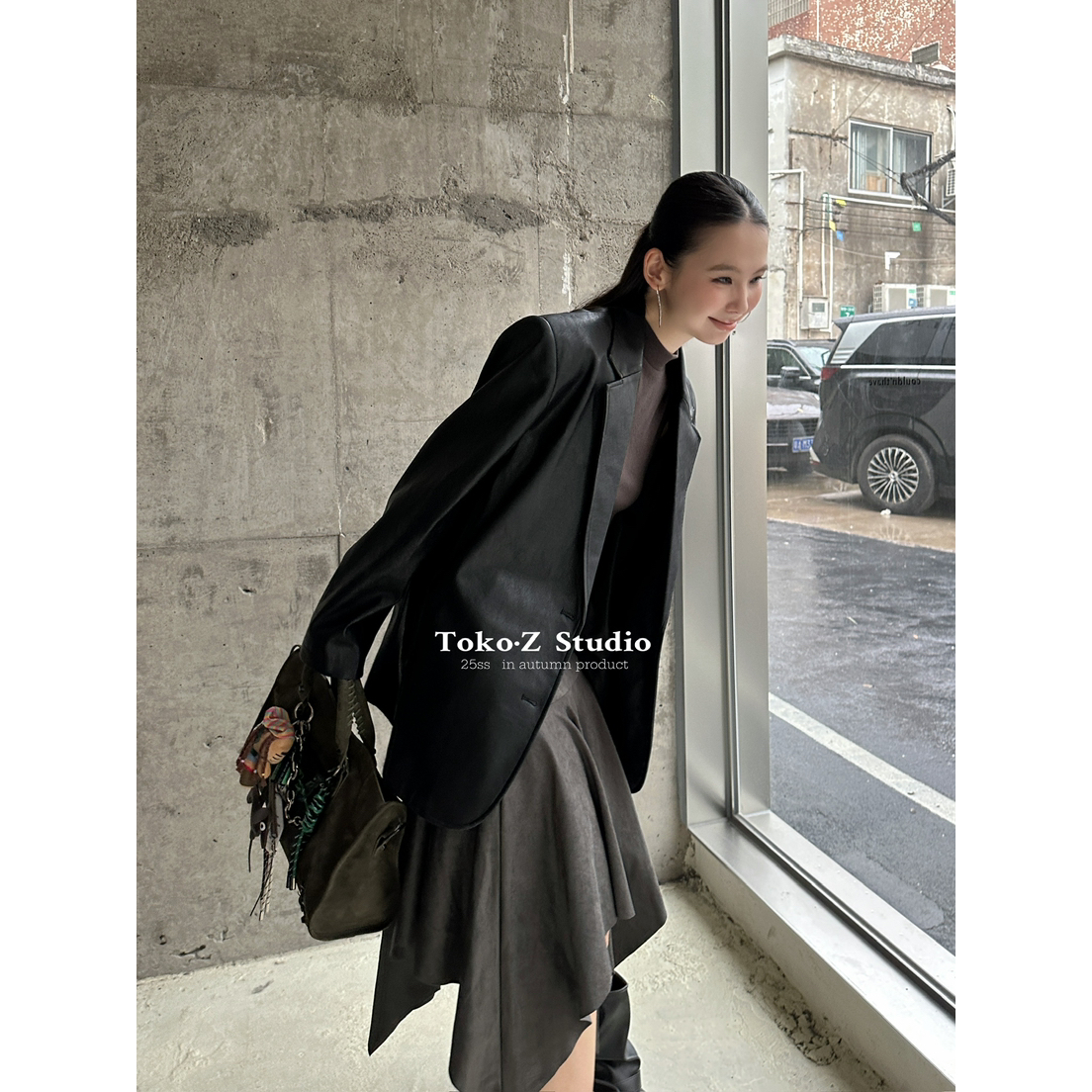 美式复古净版长袖皮衣外套女