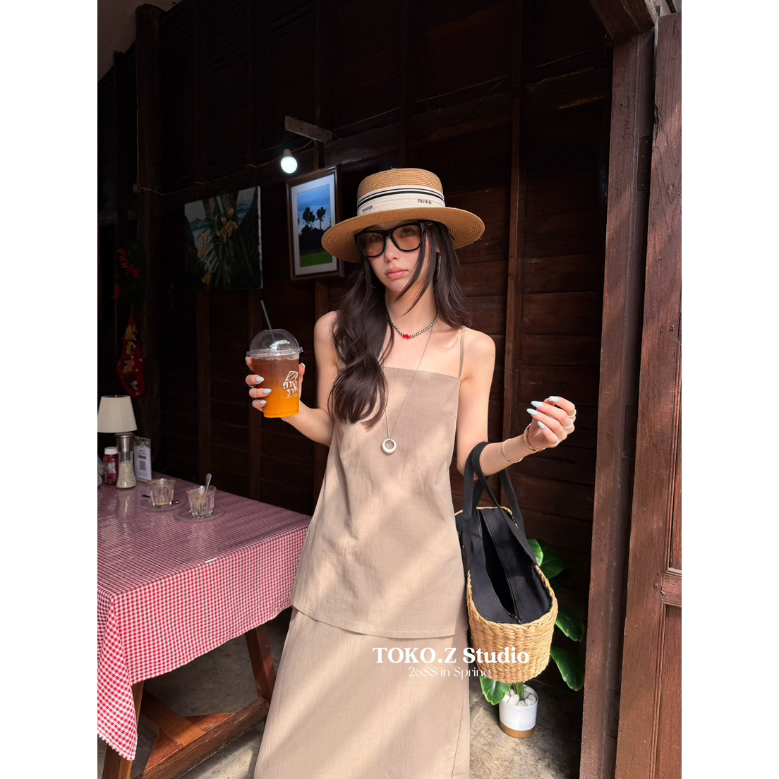 TOKO.Z夏季时尚净版吊带收腰背心上衣+高腰直筒半身裙两件套装女