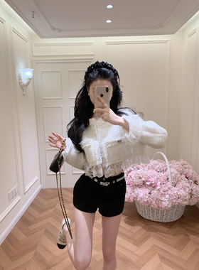 WH JIA早春减龄糖果色蕾丝拼接小香风短外套女百搭木耳边开衫上衣