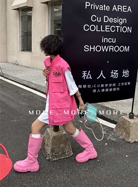 MORE欧货正版潮流字母刺绣口袋工装马甲外套女情侣宽松抽绳上衣潮