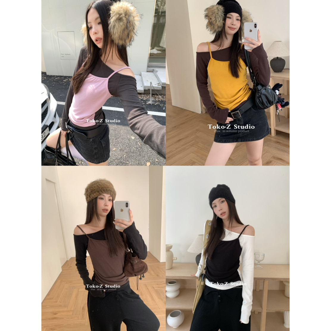 拼接撞色假两件露肩长袖T恤女