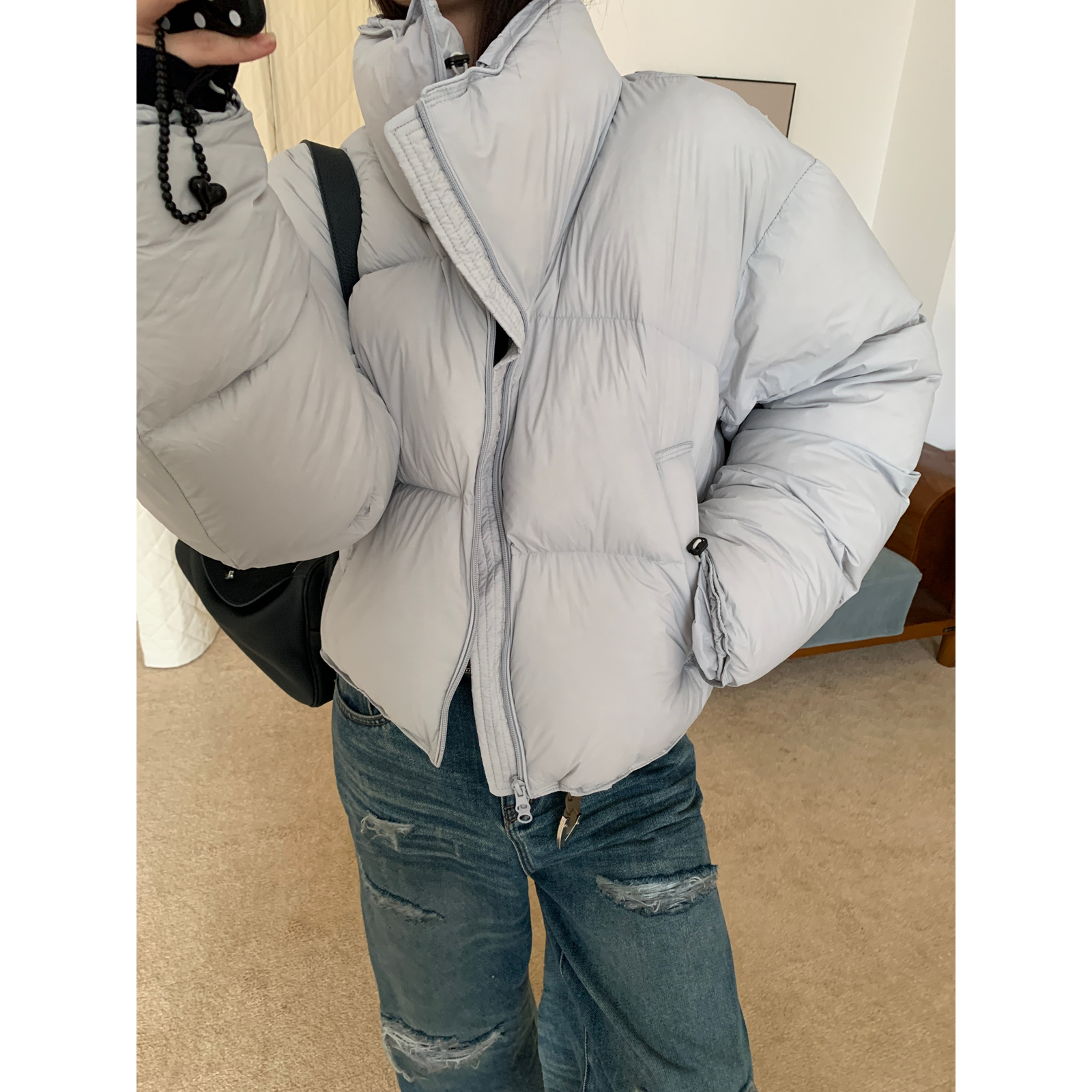 蓬松抽绳90白鸭绒羽绒长袖外套