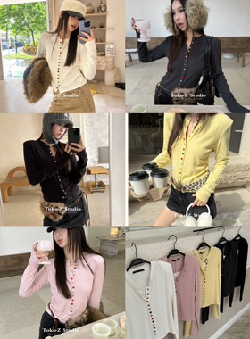 TOKO.Z冬季时髦彩色纽扣设计长袖开衫女百搭短款修身垫肩圆领上衣