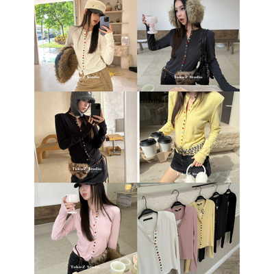 彩色纽扣设计长袖开衫女