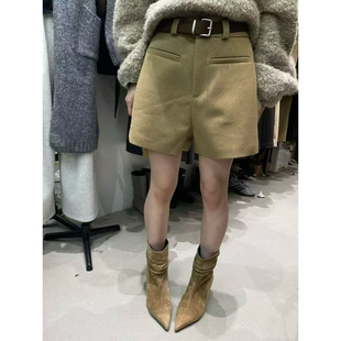 WH JIA冬季时髦净版复古假口袋呢料休闲短裤女百搭宽松a字直筒裤