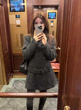 EASE冬季韩版时髦双排扣立领羊毛呢料外套女百搭厚款保暖收腰大衣