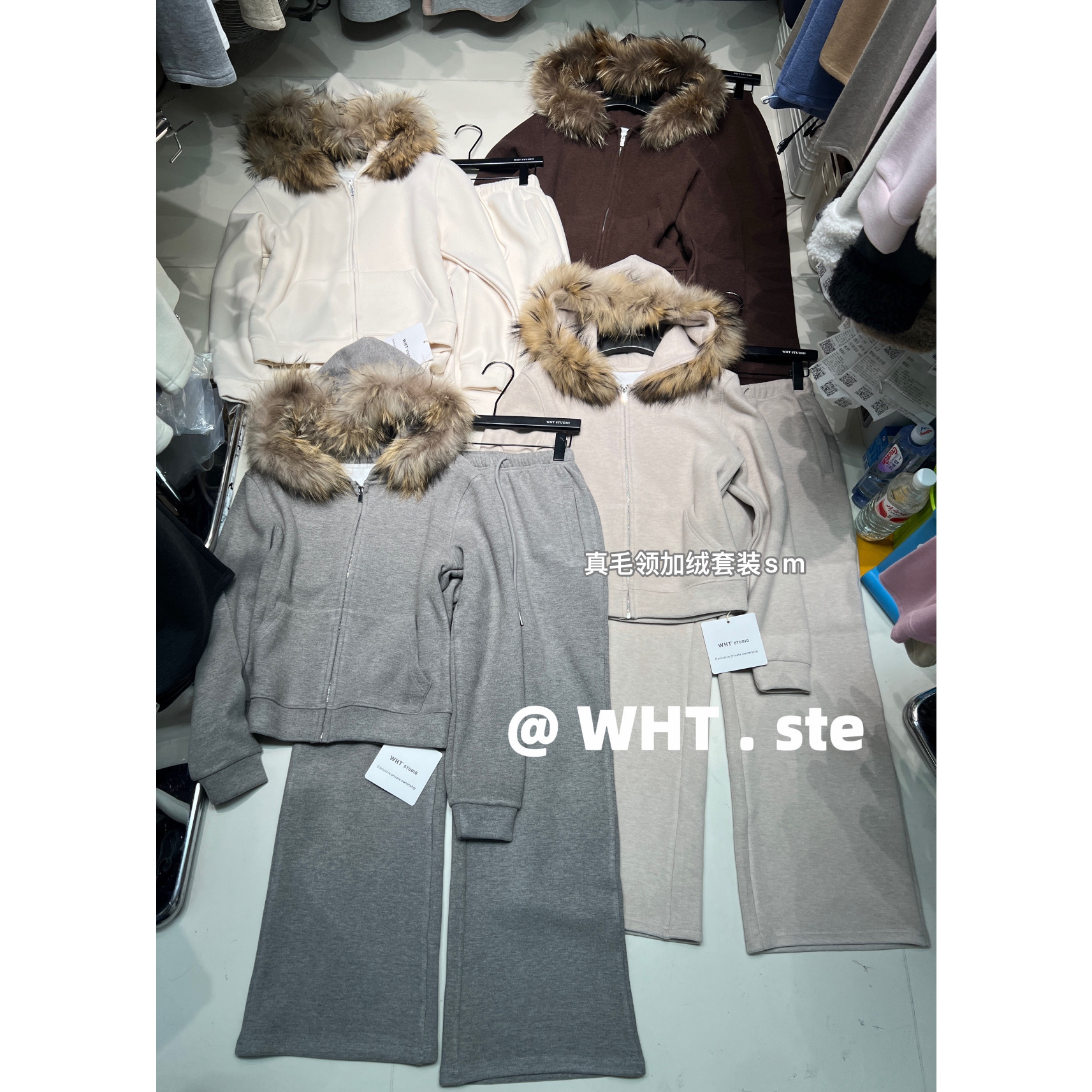 拼接真毛领连帽卫衣外套+休闲裤