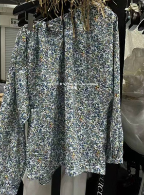 WH JIA夏季韩版时髦碎花印花绑带斜领露肩长袖小衫百搭宽松上衣潮