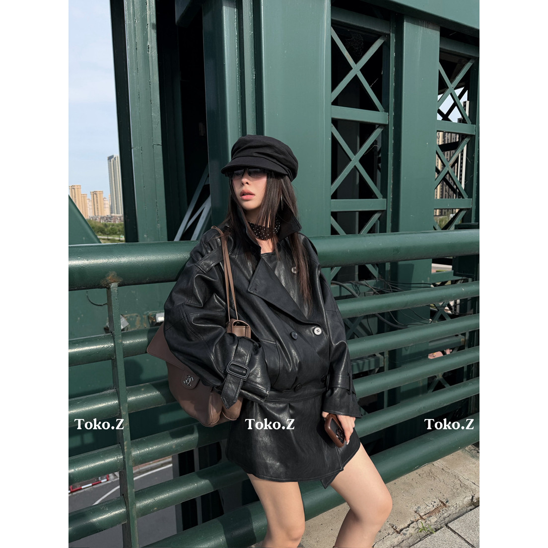 百搭双排扣长袖pu皮衣外套女
