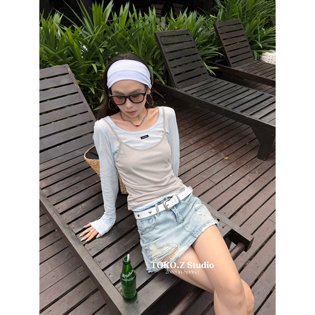 TOKO.Z春季时髦薄款纯色抽褶吊带背心+贴标长袖T恤上衣两件套装女