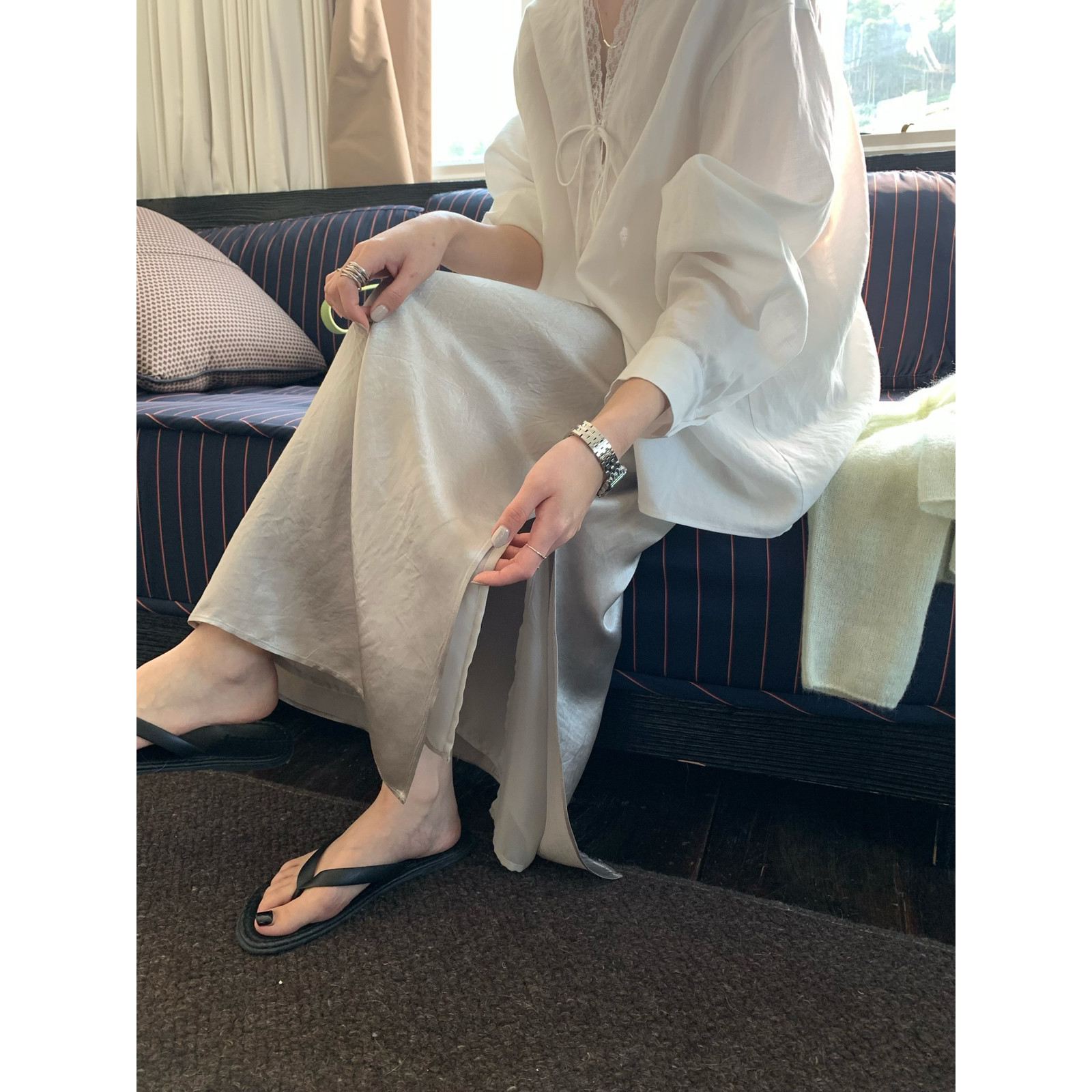 TE正品春季系带侧开叉净版直筒半身裙女百搭高腰显瘦质感中长裙子