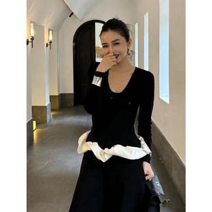 TOKO.Z冬季时髦v领拼接荷叶边撞色长袖T恤女百搭磨毛厚款名媛上衣