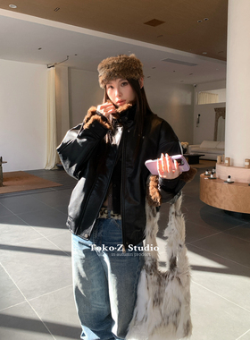 TOKO.Z冬季美式PU皮拼接毛领长袖夹克外套女百搭夹棉厚款保暖皮衣