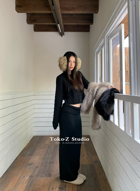 TOKO.Z冬季时尚麻花长袖圆领针织衫毛衣+翻边半身裙长裙两件套装
