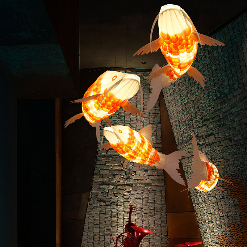 中式餐厅吊灯禅意茶室会所民宿创意鱼型装饰灯具餐饮饭店过道鱼灯