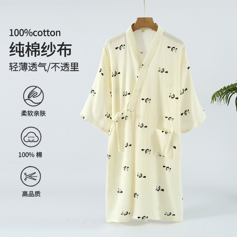 如奕纱布熊猫浴袍绉纱四季薄款七分袖睡袍系带浴衣女汗蒸棉质睡衣