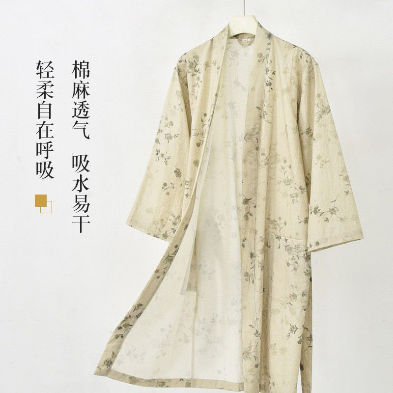如奕棉麻印花浴袍浴衣家居服睡衣睡袍国风吸水速干复古女夏季薄款