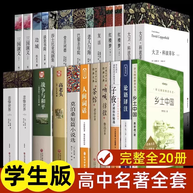 全套20册 高中生课外阅读书籍必 乡土中国红楼梦巴黎圣母院大卫科波菲尔正版 复活 老人与海 论语 高一二三上下册世界名著经典书目