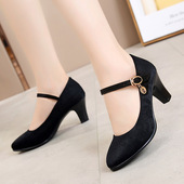 上班黑色女单鞋 职业工作鞋 时尚 老北京布鞋 透气粗跟妈妈舞蹈高跟鞋