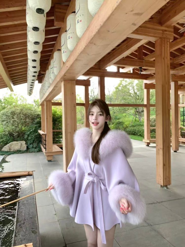 大码仿狐狸毛斗篷大衣双面绒毛呢外套连帽200斤千金风名媛高级感