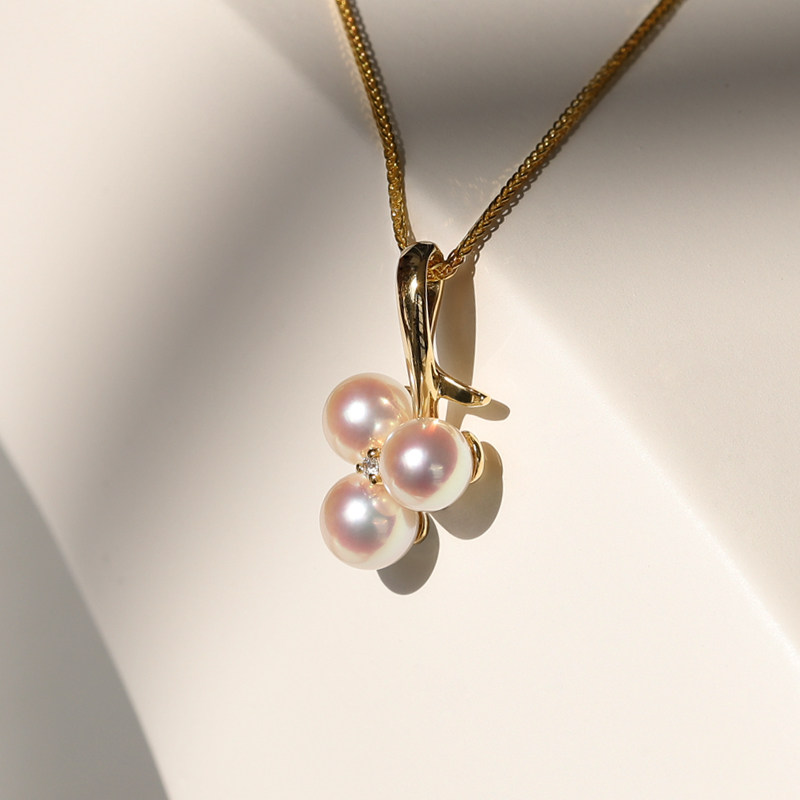 葡萄 日本akoya彩凛珠 镜面极光18k黄金钻石海水珍珠吊坠项链