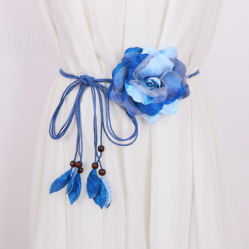 新品百搭雪纺大花女士细腰带 甜美打结腰链 韩版长款流苏装饰裙带