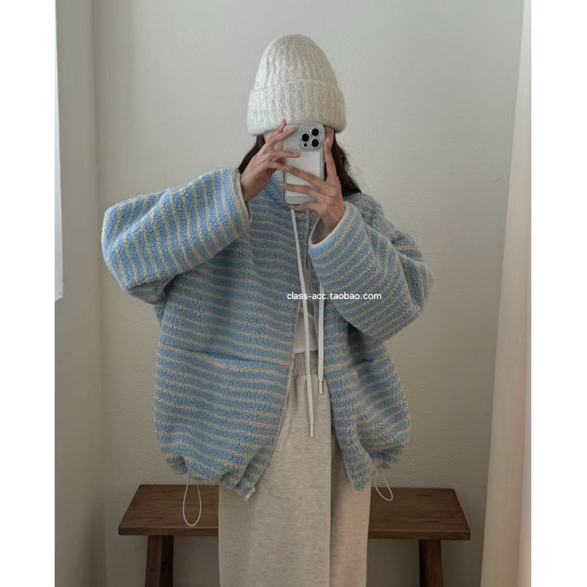 class韩国直邮120417 TIZZI 韩代2025款  条纹摇粒绒外套