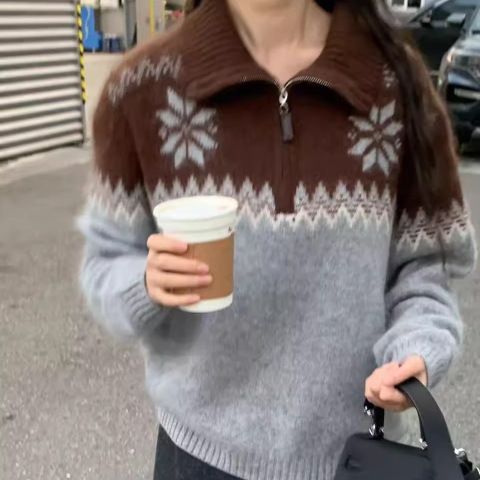 class韩国直邮112314 Sierra韩代2025款羊绒羊毛半拉链雪花毛衣