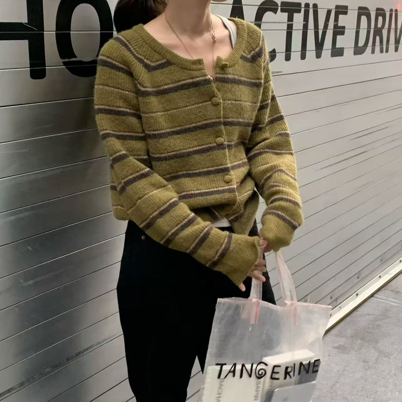 class韩国直邮112006 JINSIM韩代2025款条纹开衫毛衣