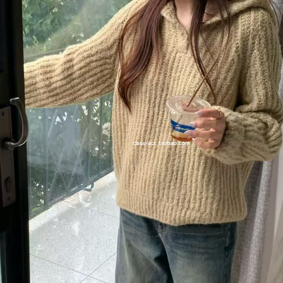 class韩国直邮121714 La creme奶油家 韩代2025款 竖坑条连帽毛衣