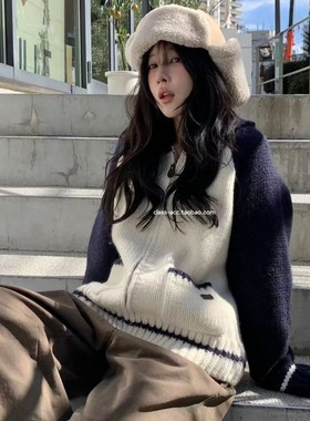 class韩国直邮112603 VERGAMOT 韩代2025款  羊毛1oo拼色开衫外套