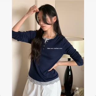 木耳边拼色假两件纽扣T 韩代2026款 class韩国直邮030512 JINSIM