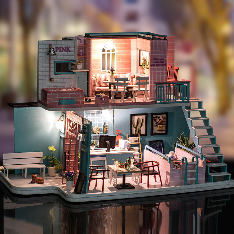 趣益雅DIY小屋粉系咖啡馆 创意木质手工拼装别墅模型小屋女生