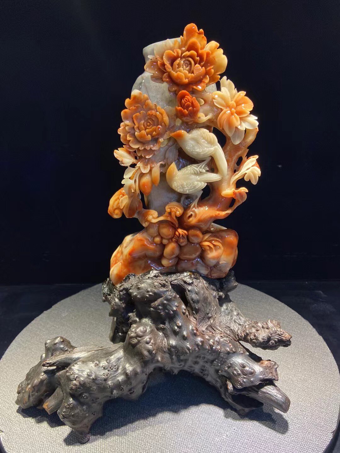 福建寿山石摆件寿山芙蓉石雕刻精品客厅纯正天然石头鸟语花香