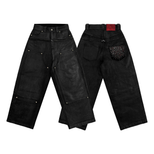 张峻豪同款 牛仔裤 水钻压蜡 蜡裤 黑色伐木铆钉工装 TecNineGroup