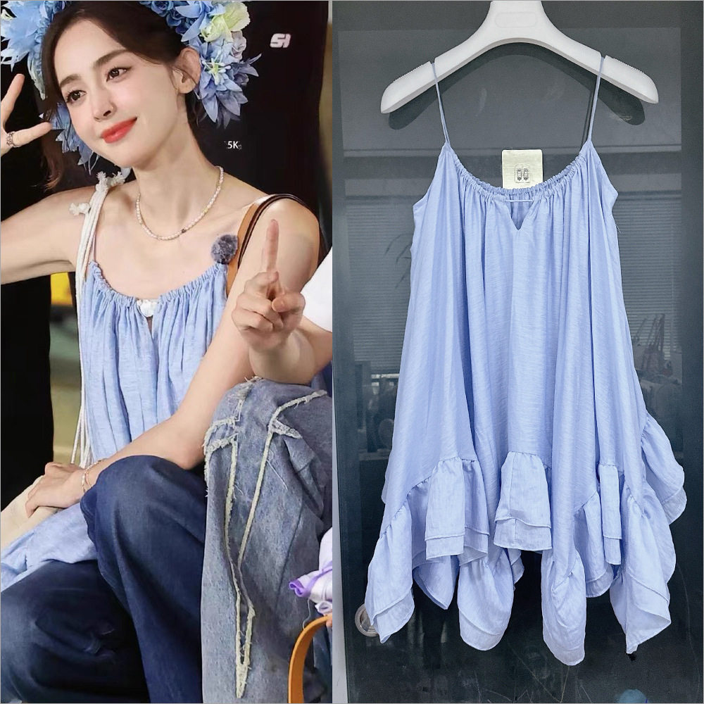 履行任意门古力娜扎同款吊带裙子夏季新款蓝色休闲无袖吊带连衣裙