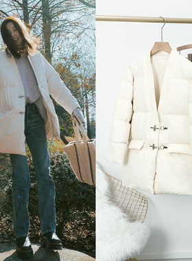 明星刘雯同款衣服女冬季新款气质时尚减龄保暖白色V领羽绒服外套