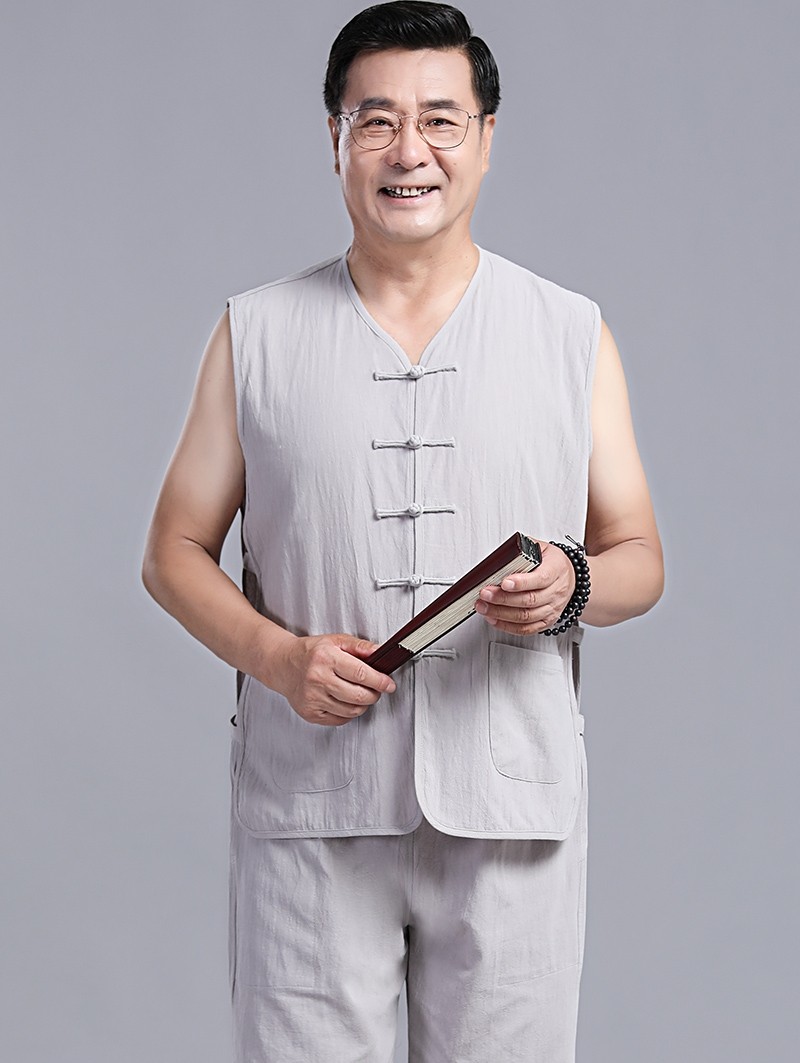 SUMMER COTTON AND LINEN MIDDLE-AGED AND ELDERLY PLUS SIZE TANG COSTUME MENS HOLLOW VEST SUIT RETRO DAD HANFU VEST SHOULDER TEA SUIT
