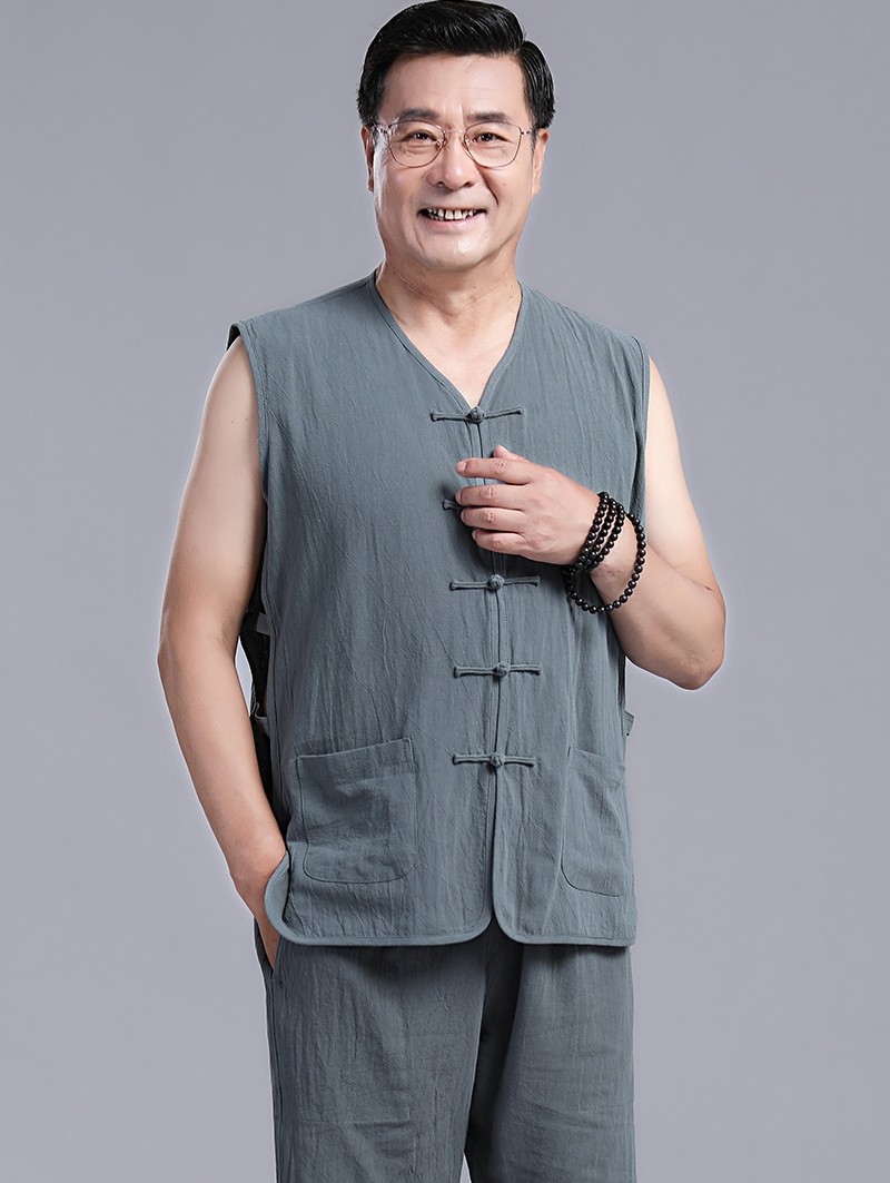 SUMMER COTTON AND LINEN MIDDLE-AGED AND ELDERLY PLUS SIZE TANG COSTUME MENS HOLLOW VEST SUIT RETRO DAD HANFU VEST SHOULDER TEA SUIT