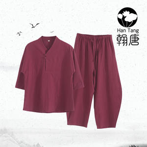 夏季棉麻青年潮牌短袖套装唐装男士古风改良五分袖汉服爸爸居士服