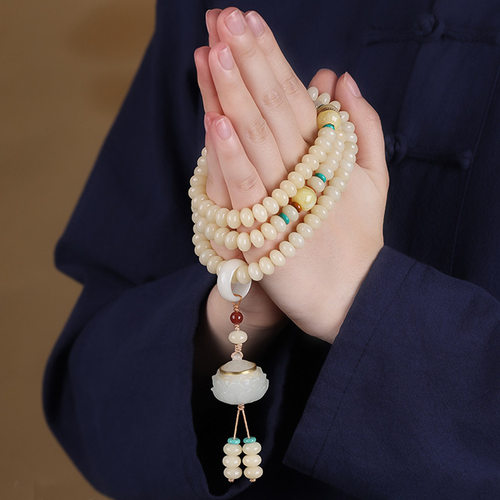 抖音新品天然玉化白玉菩提手串108颗夜光莲花吊坠男女款手持