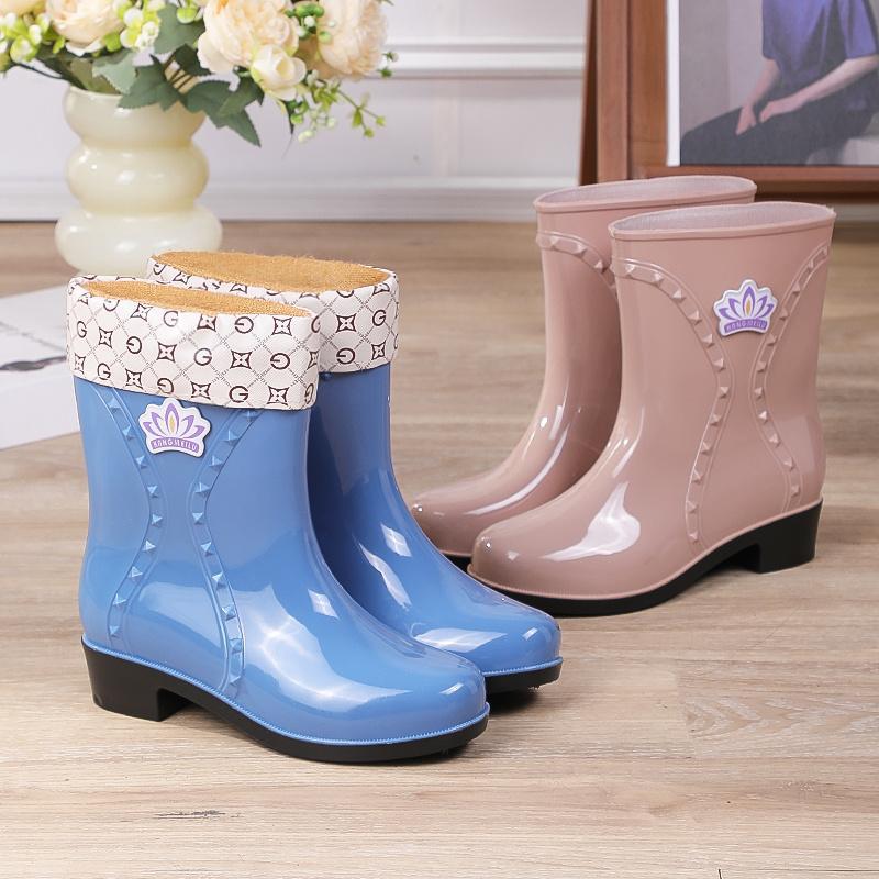 水胶鞋欧美风四季款雨鞋中帮加绒耐磨外穿少女风雨靴加厚四季