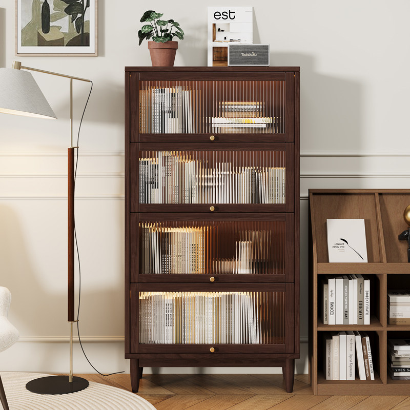 美式实木书柜防尘带玻璃门靠墙落地书架儿童客厅立柜置物架展示柜