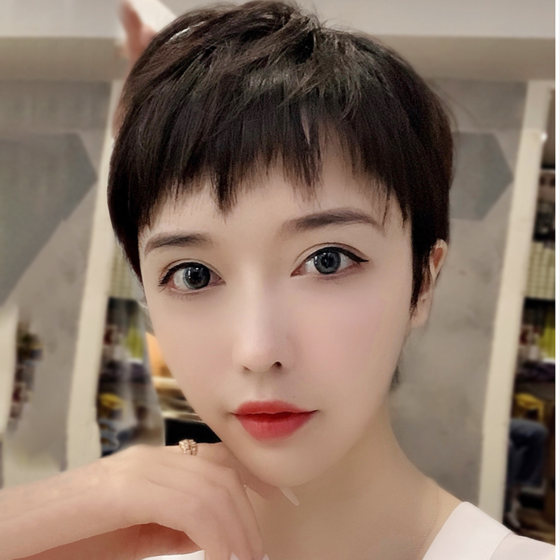 假发短发女时尚短直发狗啃刘海造型真人发丝递针仿真头皮全头套式