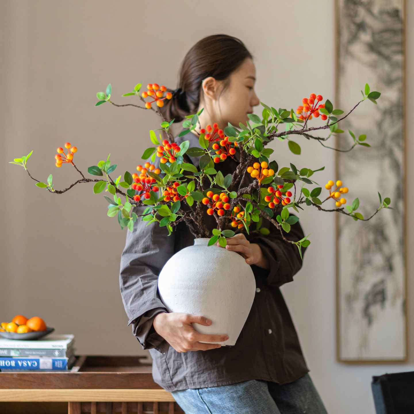 仿真花高级感逼真海棠果实树枝