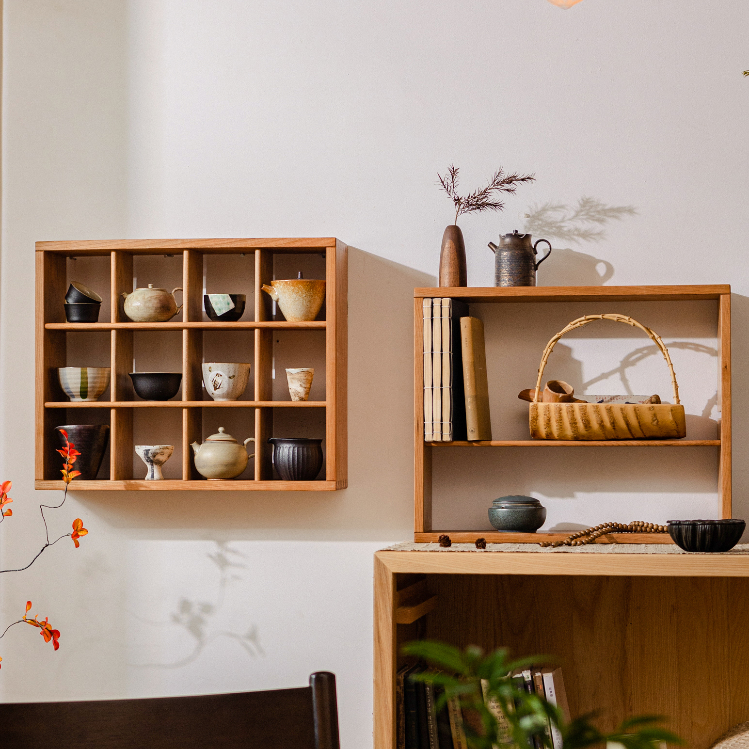 掬涵日式茶艺实木榫卯置物架