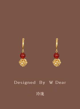 「玲珑」天然红玛瑙耳环女无耳洞蚊香盘耳夹复古新中式高级感耳饰