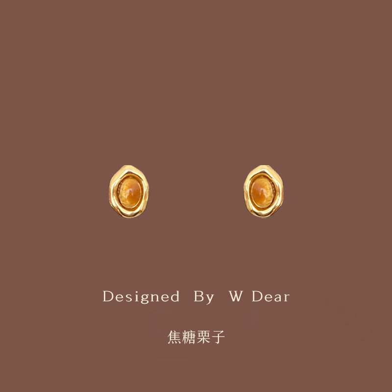 「焦糖栗子」美拉德虎眼石蚊香盘耳夹女无耳洞轻奢复古耳环耳饰新